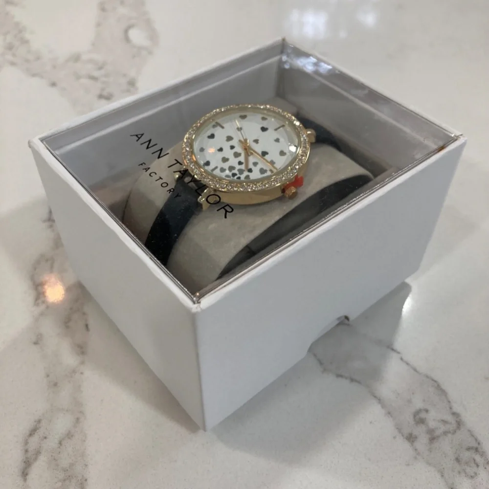 Ann Taylor Factory Crystal Heart Print Black Leather Band Watch